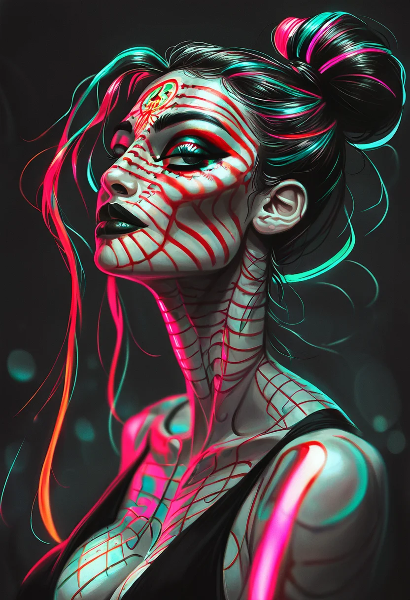 score_9, score_8_up, score_7_up, score_6_up, 1girl, (neon hair:1.3), hair bun, dia de los muertos face paint,big eyes, day of the dead makeup, dark eyeliner, (black and white face makeup:1.2), skeleton facepaint, detailed background, depth of field, eye smoke, busty, striped lighting, portrait, glow, pinup girl pose, sexy, alluring, bokeh blur, upper body, jewelry, skimpy outfit, s1_dram