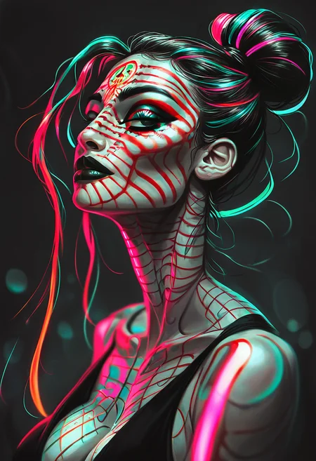 score_9, score_8_up, score_7_up, score_6_up, 1girl, (neon hair:1.3), hair bun, dia de los muertos face paint,big eyes, day of the dead makeup, dark eyeliner, (black and white face makeup:1.2), skeleton facepaint, detailed background, depth of field, eye smoke, busty, striped lighting, portrait, glow, pinup girl pose, sexy, alluring, bokeh blur, upper body, jewelry, skimpy outfit, s1_dram