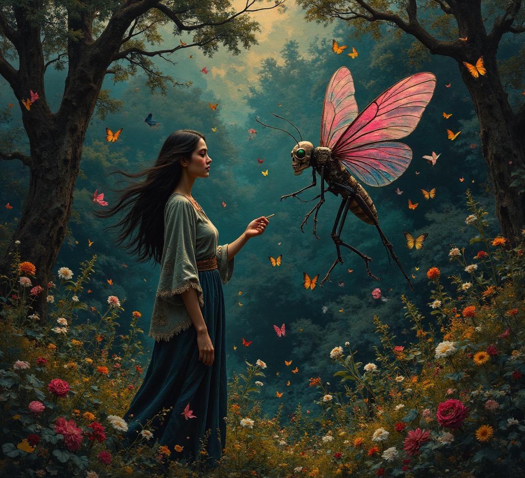 <lora:flux-collagestyle.safetensors:1> darkfantasycollagestyle
In the heart of a garden cloaked in twilight, a gentle breeze stirs the leaves, casting a mosaic of light and shadow that seems to dance on its own. The air is thick with the scent of blooming jasmine and the distant hum of insects, but beneath this serene facade, a sense of unease begins to creep in. The garden, a lush tapestry of soft pastel hues, is a place of beauty, yet it feels curiously trapped, as if the boundaries of the world are closing in.
At the center of this idyllic scene stands a figure, a woman in her late 30s, with long, dark hair that flows like a river of obsidian. Her tunic, embroidered with intricate patterns and fringed with threads of silver, rustles softly as she moves. Her eyes, large and dark, are fixed on a peculiar sight: a creature that seems to have emerged from the shadows itself.
The creature is insect-like, with a segmented, grayish-brown body that glistens with a faint, otherworldly sheen. Its translucent pink wings, delicate and iridescent, beat slowly, almost lazily, as if it’s savoring the moment. The creature’s head is skull-like, with large, luminous green eyes that seem to pierce through the twilight, watching, waiting. Around it, a flurry of colorful butterflies flutters, their wings a riot of vibrant hues that clash with the creature’s eerie presence.
The woman’s heartbeat quickens as she notices the shadows around her begin to move, writhing and twisting as if alive. The light shifts, casting long, distorted shapes that seem to follow her every step. The breeze picks up, carrying with it the whispers of a forgotten language, a sound that sends shivers down her spine.
In the distance, the garden’s perimeter is encroached by creeping vines, their tendrils snaking through the underbrush, drawing closer, as if drawn by some unseen force. The woman feels a sense of being watched, a creeping dread that tightens its grip with each passing moment. The garden, once a place of beauty, has transformed into a realm of hidden threats, where the lines between safety and danger blur, and the threat is always present, never fully revealed.