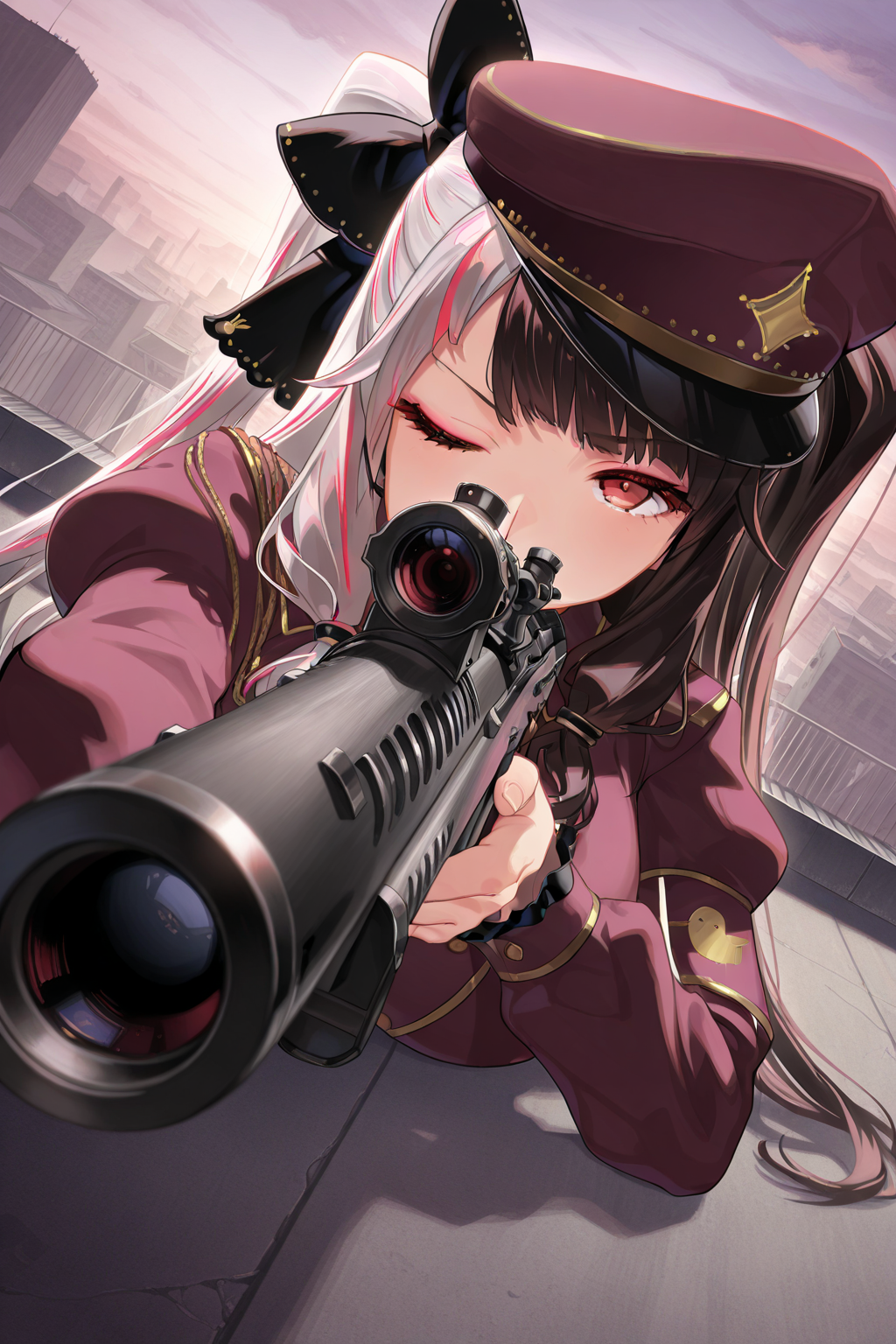1girl, YorumiRenaNijisanji,
general, solo, perspective, dutch angle, close-up,
long hair, twintails, eyelashes, red eyes, 
large breasts,
peaked cap, military uniform,
on stomach, serious, aiming at viewer, sniper rifle, one eye closed,  covering mouth, 
rooftop,
<lora:kp_YorumiRenaNijisanji2ndCostumeIllustrious_v1_0:1.0>,
masterpiece, best quality, amazing quality