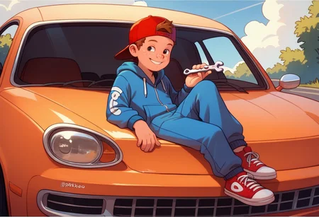 score_9, score_8, score_7, young, looking at viewer, perfect face, colorful, dramatic angle, jumpsuit, wrench in hand, sitting on car, sneakers, car repair, smile, red hat, backwards hat, brown hair, freckles, 1boy, solo, full body.