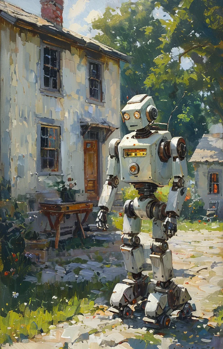 masterpiece,best quality,<lora:tbh209-sdxl:0.9>,illustration,style of Anthony Thieme portrait of Housework robots