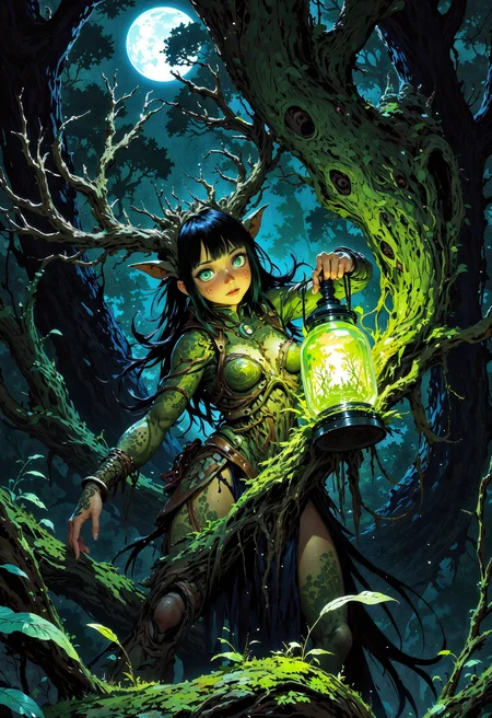 (in Otomo Katsuhiro style:1.2), masterpiece, high-quality, A forest guardian with antlers made of woven roots, holding a lantern containing a miniature forest ecosystem glowing with life, Her eyes are reflective pools, her body has patches of bark and moss as if shes a part of the landscape, She stands amidst ancient giant trees, illuminated by soft rays of moonlight filtering through the dense canopy, living lantern, rooted spirit, nocturnal forest, Stylized anime art with natural textures and a mystical glow, (elaborate fine details:1.1), (hyperdetailed:1.1), (intricate details:1.0), (Refined details:1.1), (best quality:1.1), (high resolution:1.2), <lora:FLUX\Anime v1.3:0.6> <lora:FLUX\VividlyReal:0.6> <lora:FLUX\FLUX-daubrez-DB4RZ:0.4>