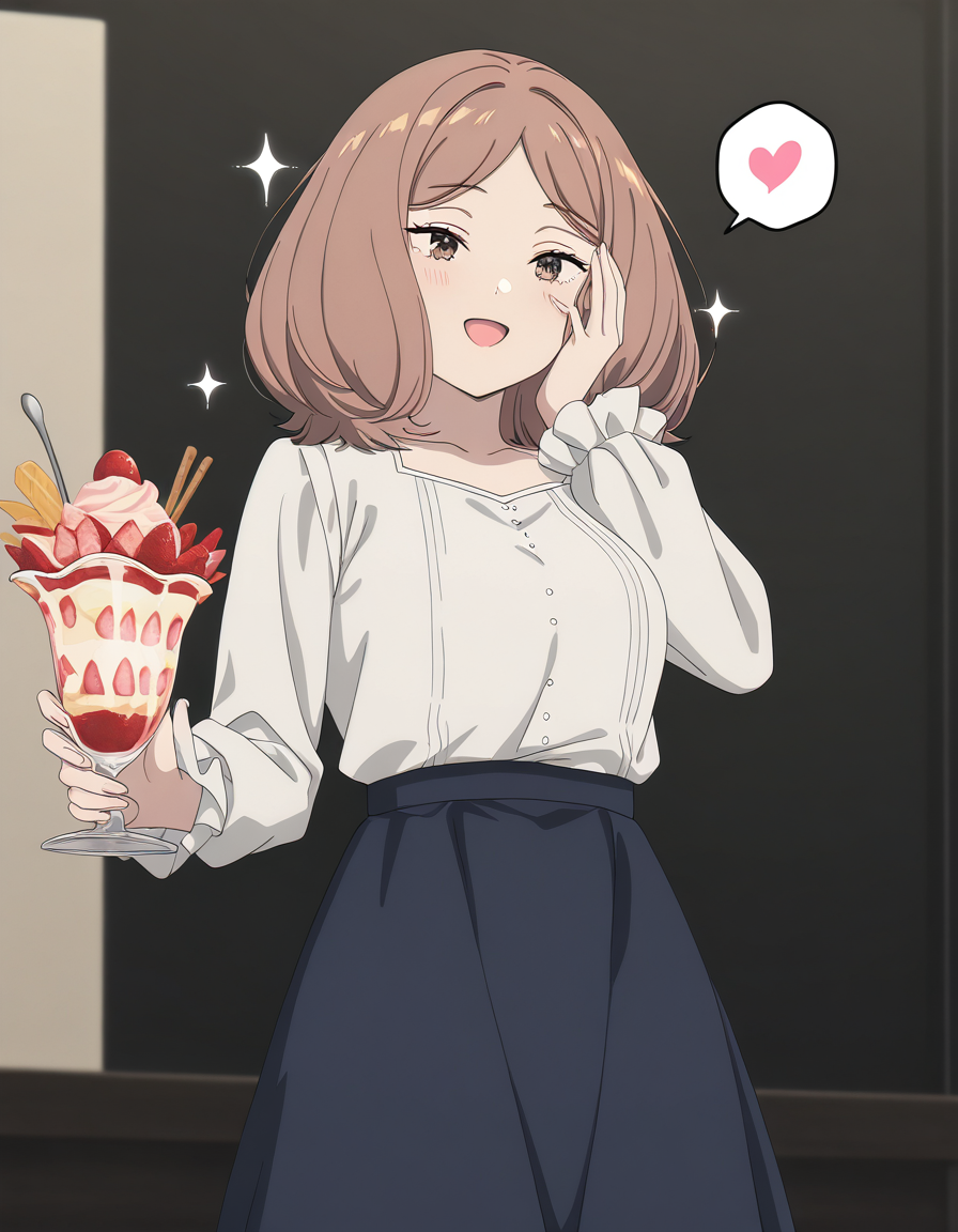 masterpiece, best quality, newest, absurdres, highres, safe,, <lora:mage-edel-s1-illustriousxl-lora-nochekaiser:1>, edel, brown hair, brown eyes, medium hair, medium breasts, anime screencap, <lora:parfait-ponyxl-lora-nochekaiser:1>, parfait, open mouth, heart, food, sparkle, fruit, happy, hand on own face, spoken heart, ice cream, strawberry, spoon, hand on own cheek, cherry, holding spoon,, , cowboy shot, solo