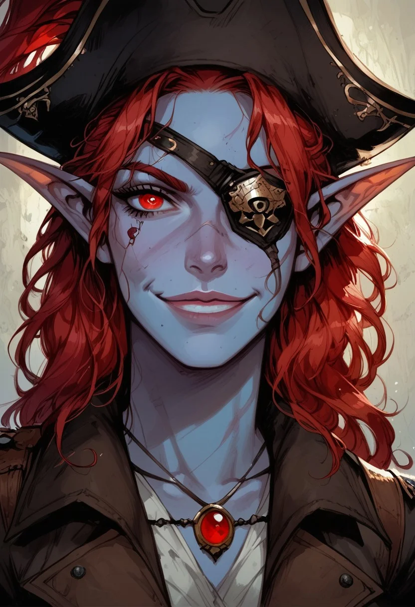 score_9, score_8_up, score_7_up, BREAK, 1woman portrait, beautiful, dramatic lights ((Elf, rogue, thief, pirate, eyepatch, metal eyepatch, eyepatch with red jewel, blue skin, red hair, gree eyes, scars, scars on face, multiple scars, capitan hat, grin, smug, longe loose hair, sea background))
<lora:Fant5yP0ny:0.6> <lora:fantasy_world_pony:0.9>
<lora:Cherry-Gig:0.55>