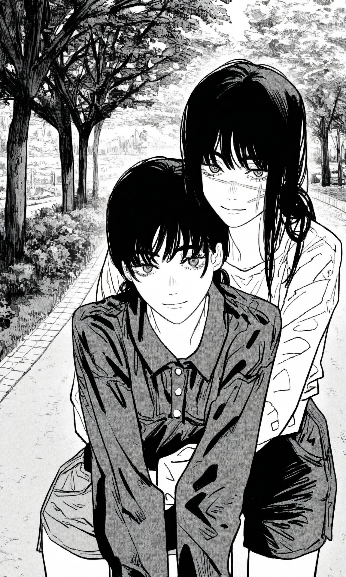 monochrome, greyscale, 2girls, (hug from behind:1.1), straight-on, head on another's shoulder, yoru \(chainsaw man\), (long hair:1.2), (face scar:0.8), mitaka asa, (low twintails:0.5), jumper, casual, shorts, park, tree, path, closed mouth, light smile, leaning forward, looking at viewer, (masterpiece, best quality, very awa:1.0)