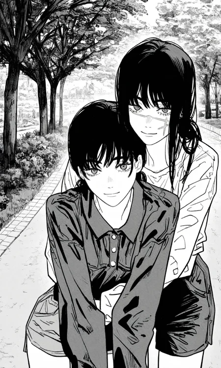 monochrome, greyscale, 2girls, (hug from behind:1.1), straight-on, head on another's shoulder, yoru \(chainsaw man\), (long hair:1.2), (face scar:0.8), mitaka asa, (low twintails:0.5), jumper, casual, shorts, park, tree, path, closed mouth, light smile, leaning forward, looking at viewer, (masterpiece, best quality, very awa:1.0)