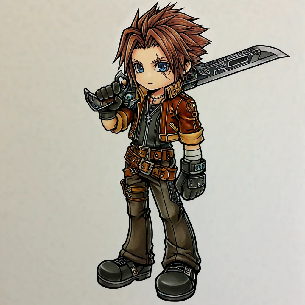 dissidiaopera, solo, 1boy, no nose, male focus, gunblade, brown hair, gloves, blue eyes, sword, jewelry, jacket, necklace, belt, full body, scar, over shoulder, 2d, (chibi:0.4) <lora:GAME_STYLE_Dissidia_Final_Fantasy_Opera_Omnia:0.7> , graphite \(medium\), traditional media, colored pencil \(medium\),, ,masterpiece, best quality, very awa,