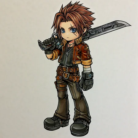 dissidiaopera, solo, 1boy, no nose, male focus, gunblade, brown hair, gloves, blue eyes, sword, jewelry, jacket, necklace, belt, full body, scar, over shoulder, 2d, (chibi:0.4) <lora:GAME_STYLE_Dissidia_Final_Fantasy_Opera_Omnia:0.7> , graphite \(medium\), traditional media, colored pencil \(medium\),, ,masterpiece, best quality, very awa,