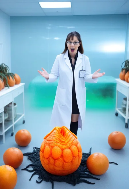 fchgr, blood orange style, xenoegg, view of a group of hatched xenoeggs, xenoeggs made of orange peel, horror theme, green light, space station interior, foggy ground, beautifully lit,
Female Doctor in lab coat with facehugger jumping at her