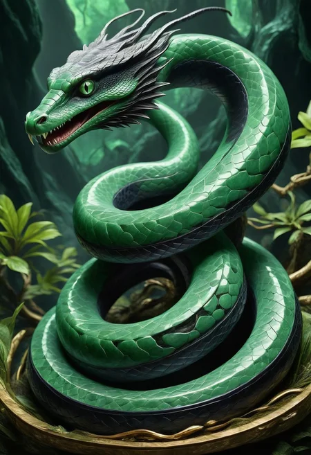 made from jade and obsidian, jade, obsidian,score_9, score_8_up, score_7_up, expensive looking,harry potter, chamber of secrets, basilisk, giant snake