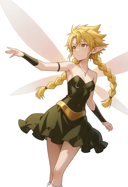 Smooth Quality,masterpiece,very intricate, high quality details, ultra realistic, high detailed skin,detailed enviorement,absurdres, 
simple background, white background, 
dutch angle,dancing,
. .,solo, 
 <lora:Ramiriscnn:0.8> ramiriscnn, 1girl, fairy, minigirl, blonde hair, yellow eyes, pointy ears, long hair, twin braids,small breasts,fairy wings, bare shoulders, hoodie, ,lab coat,  ,ruffled skirt, ,