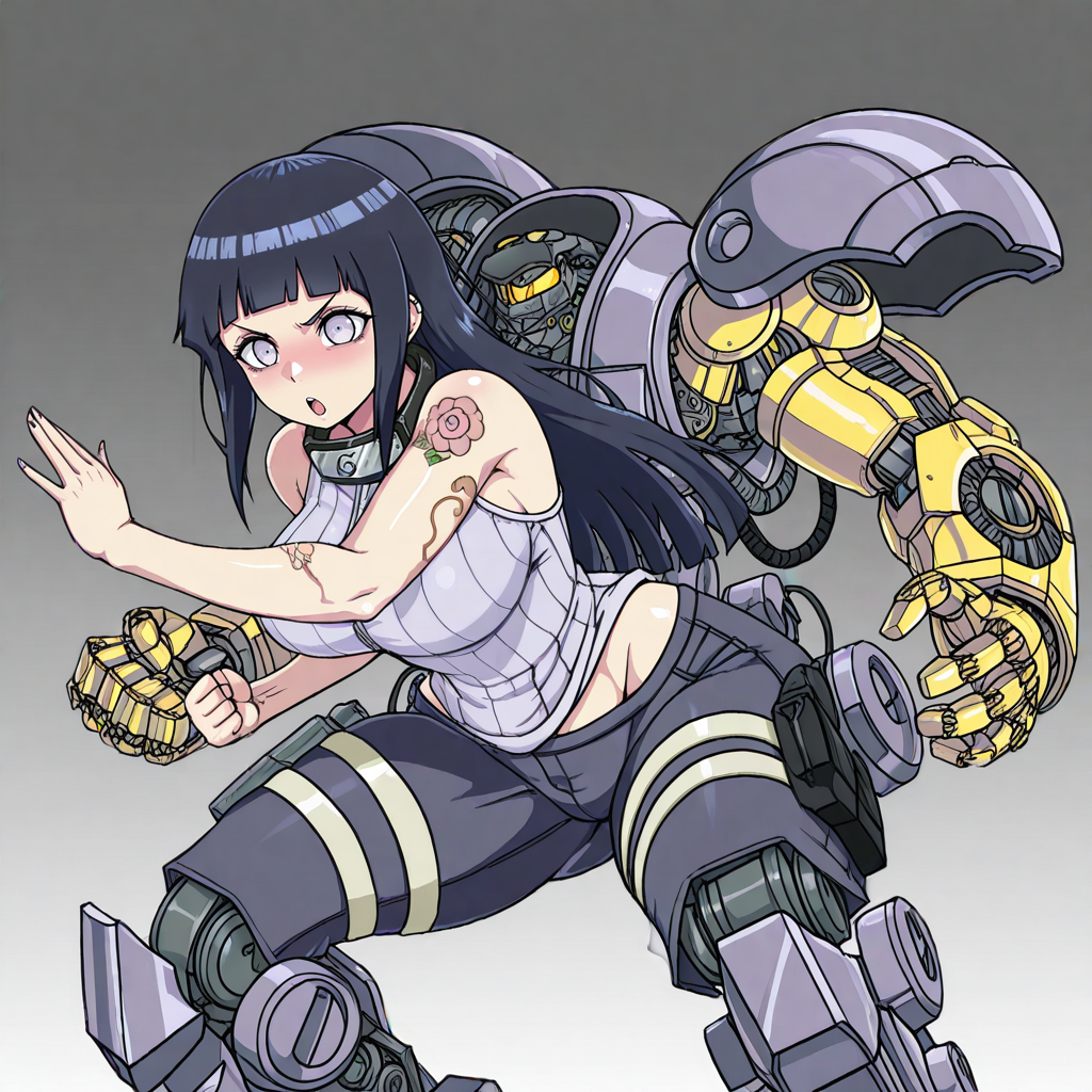 absurdres,highres,masterpiece,best quality,amazing quality,IllusP0s,curvy,wide hips,<lora:Dramatic Lighting Slider:2.5>,<lora:StS-Illustrious-Detail-Slider-v1.0:3>,breasts,wide hips,(mecha:0.7),(robot:0.7),(exoskeleton:1.2),cyb3r3x0,<lora:Exosuit:1>,(mecha musume:1.2),solo,hyuuga hinata,(naruho:0.8),(j.k.:0.5),sleeveless,(tattoo sleeve:1.5),(arm tattoo:1.5),(shoulder tattoo:1.5),fighting stance,(bare arms:2.5),from front,purple metal,
