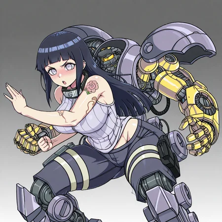 absurdres,highres,masterpiece,best quality,amazing quality,IllusP0s,curvy,wide hips,<lora:Dramatic Lighting Slider:2.5>,<lora:StS-Illustrious-Detail-Slider-v1.0:3>,breasts,wide hips,(mecha:0.7),(robot:0.7),(exoskeleton:1.2),cyb3r3x0,<lora:Exosuit:1>,(mecha musume:1.2),solo,hyuuga hinata,(naruho:0.8),(j.k.:0.5),sleeveless,(tattoo sleeve:1.5),(arm tattoo:1.5),(shoulder tattoo:1.5),fighting stance,(bare arms:2.5),from front,purple metal,