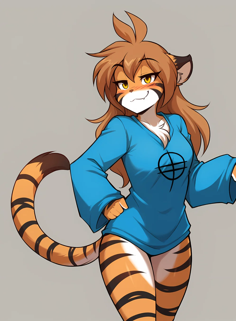 score_9, score_8_up, score_7_up,score_6_up,score_5_up, source_furry,
BREAK
solo, furry female anthro, small breasts, medium breasts, (simple background, grey background, blushing, smug), curvy, oversized clothes, long sleeves, bottomless, thighs
BREAK
<lora:Flora-Twokinds-SDXL-AnonTK-V3:0.8> , flora-twokinds, keidran, mammal, tiger tail, yellow eyes, long hair