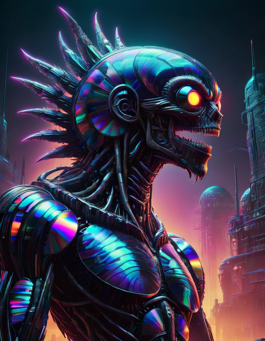 horror, sci-fi, and monster theme, chilling atmosphere with futuristic elements, monstrous creatures lurking in the neon-lit shadows, eerie sci-fi landscapes, glowing patterns adding an unsettling touch, digital art, high-energy atmosphere, intricate details, diverse neon hues, electrifying visuals, intense contrasts, spine-chilling scenes, high-resolution quality, made of ral-cmpctdsc <lora:ral-cmpctdsc:1>