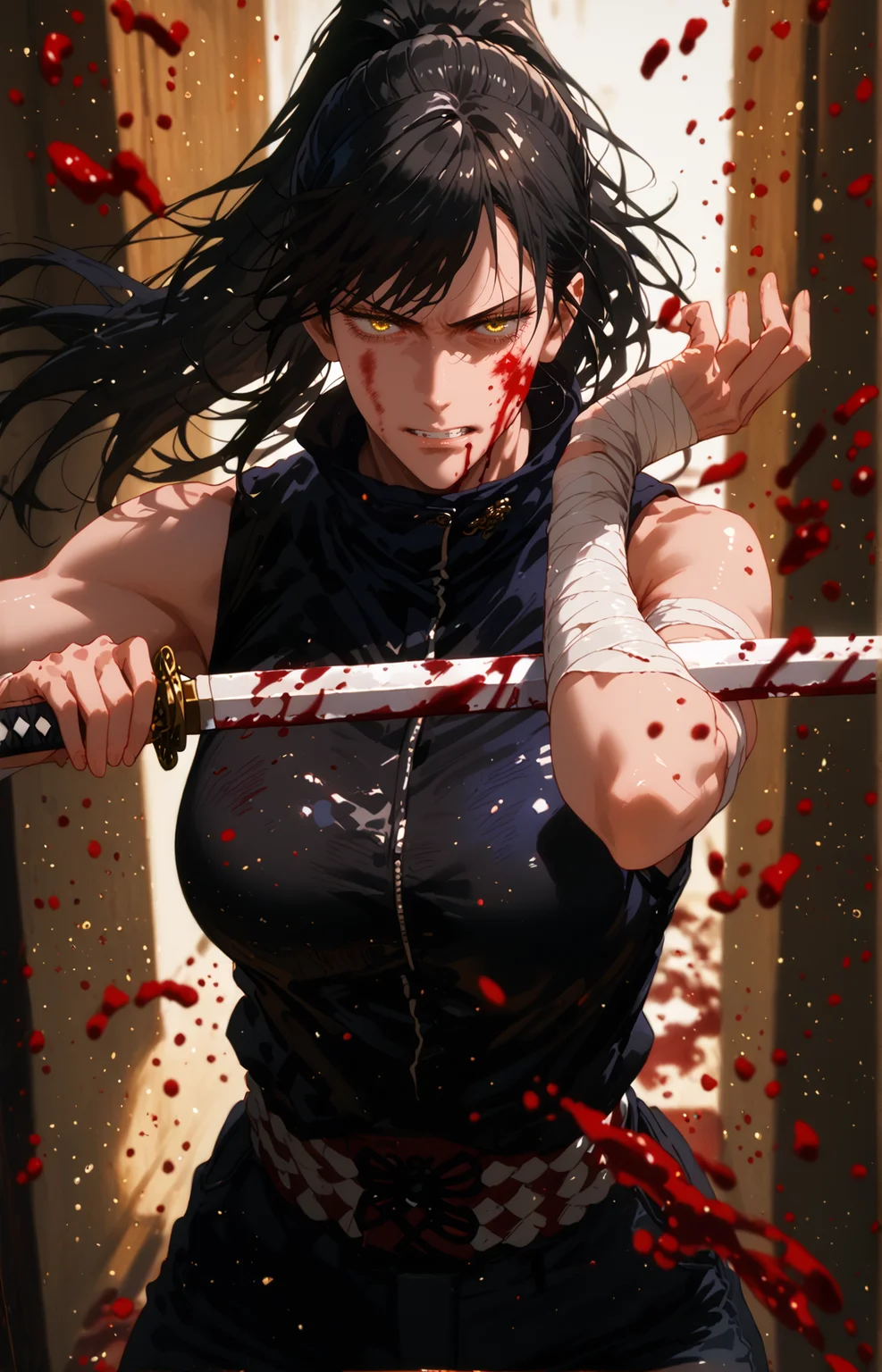 <lora:Jujutsu_Kaisen:0.8>,<lora:GEN 0.1v:0.6>,<lora:Expressive_H-000001>,source_anime,score_9,score_8_up,score_7_up,score_6_up,low light,looking at viewer,upper body,
1girl,solo,<lora:age_slider_v4:1.2>,adult,tall female,black hair,long hair,bangs,full bangs,straight hair,high ponytail,yellow eyes,pale skin,skindentation,medium breasts,(angry:0.8),frown,serious,(half-closed eyes:0.8),holding katana,sleeveless,black top,black leather pants,blood,blood on face,glowing eyes,high collar,bandaged hand,blood on weapon,cleaning katana,bandaged arm,metallic luster,clenched teeth,(light particles:0.4),(lens flare:0.8),