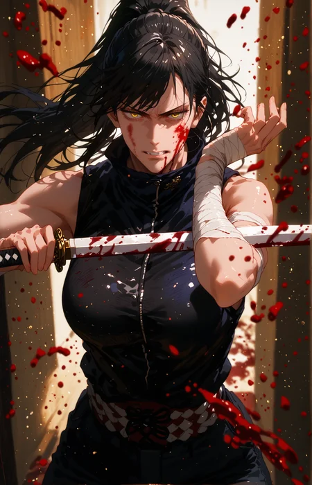 <lora:Jujutsu_Kaisen:0.8>,<lora:GEN 0.1v:0.6>,<lora:Expressive_H-000001>,source_anime,score_9,score_8_up,score_7_up,score_6_up,low light,looking at viewer,upper body,
1girl,solo,<lora:age_slider_v4:1.2>,adult,tall female,black hair,long hair,bangs,full bangs,straight hair,high ponytail,yellow eyes,pale skin,skindentation,medium breasts,(angry:0.8),frown,serious,(half-closed eyes:0.8),holding katana,sleeveless,black top,black leather pants,blood,blood on face,glowing eyes,high collar,bandaged hand,blood on weapon,cleaning katana,bandaged arm,metallic luster,clenched teeth,(light particles:0.4),(lens flare:0.8),