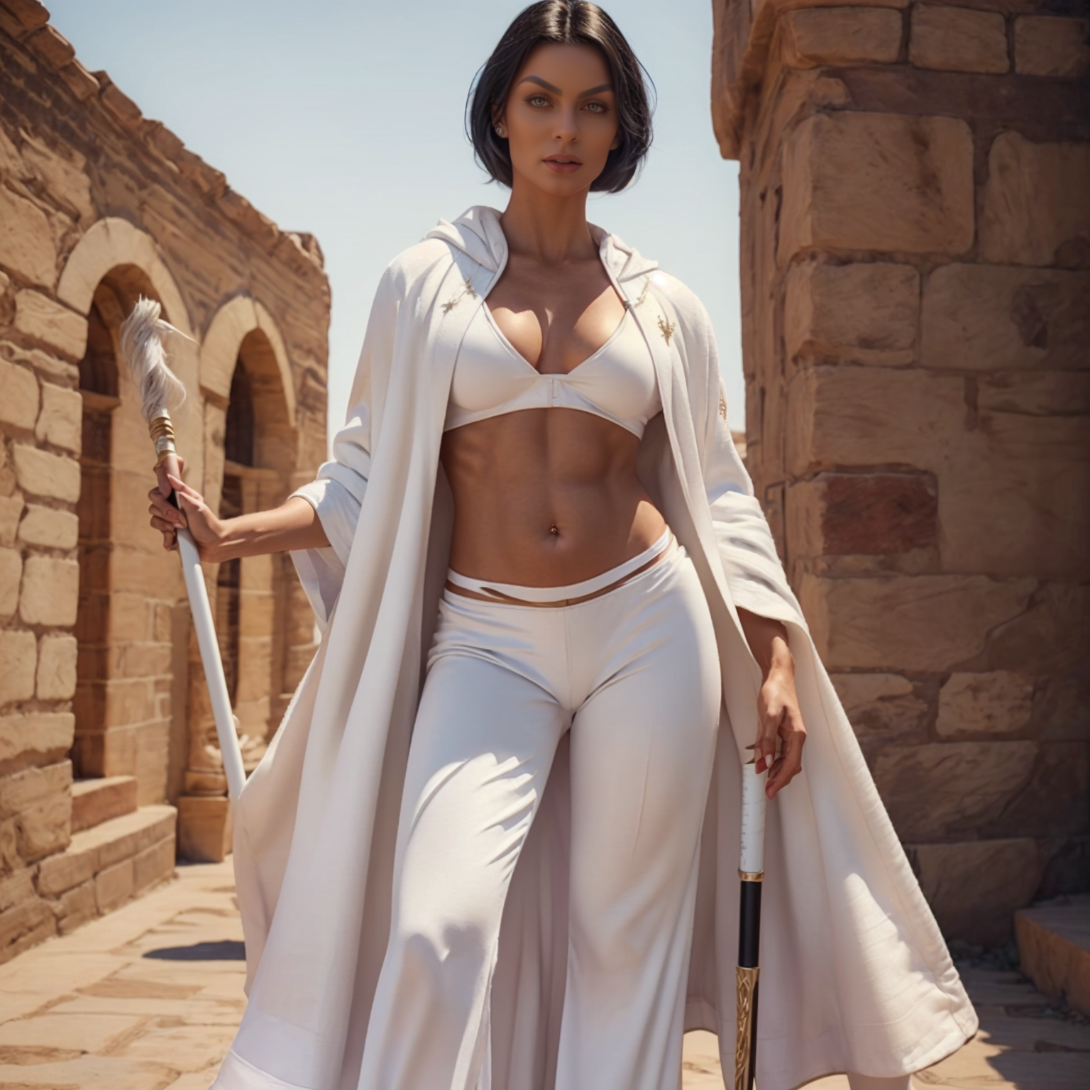 <lora:BrazilianWomanAmazon_V1.0:1>, (woman holding a staff), (((white pant))), ((show belly)), wearing ((white robes:1.2)) ((cloak:1.2)), Scenario, (detailed realistic background:1.3), (official art, beautiful and aesthetic:1.2), realistic lighting, ((black hair)),
<lora:IvoryGoldAIv2:0.8>,
<lora:GoodHands-beta2:1>,
<lora:Yanxin_ Swordswoman:0.0>,
<lora:wuxia2:0.2>,
 <lora:muscle_slider_v1:2>,
 <lora:weight_slider_v2:-1>