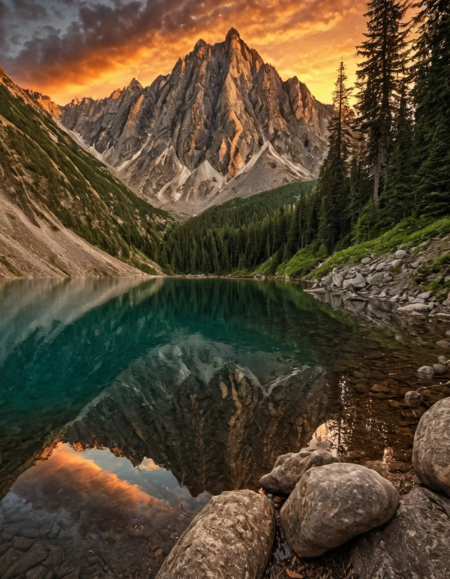 naturelora, landscape, sunset, mountain, forest, lake,Hyper Detailed, Extreme detail, intricate textures, high-resolution, sharp focus
