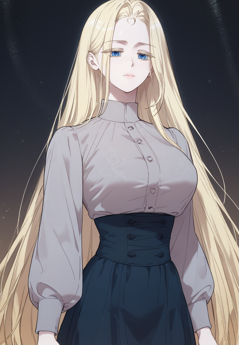zPDXL3, score_9_up, score_8_up, score_7_up, (Anime_source),Masterpiece,(perfect female body:1.2), small waist, (incredibly detailed:1.4), slim, beautiful fingers, beautiful white skin, Beautiful clear skin, (large breasts:1.4)  thighs, looking at viewer, big breasts, ass, perfect ass,  <lora:Annette_Rosenberg_-_My_Beloved_Oppressor-Kaleid_PONY:1> annetterosenberg, blue eyes, 1girl, solo, blonde hair, blonde eyelashes, expressionless, closed mouth, dark circles, long hair, dress, long sleeves, large breasts, small waist