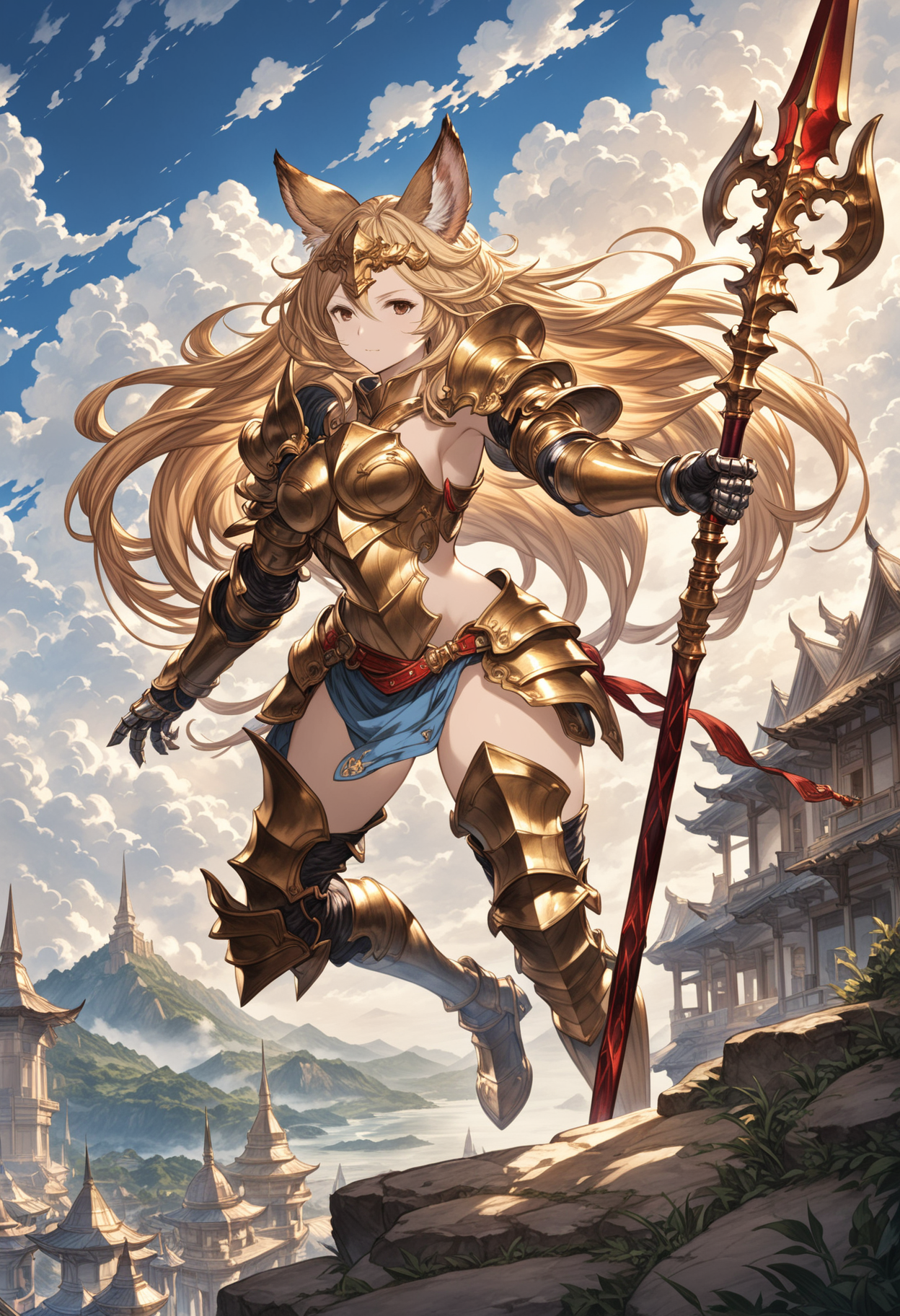 granblue, 1girl, animal_ears, gold armor, blonde_hair, full_body, gauntlets, holding, holding_polearm, holding_weapon, long_hair, polearm, solo, spear, weapon, red trim, cloudy sky,
shaded face, intricate detail, cinematic lighting, amazing quality, amazing shading, detailed Illustration, official artwork, wallpaper, extremely detailed eyes and face, beautiful detailed eyes, ((masterpiece, best quality)),
from side, light rays,
<lora:granblue_fantasy_style_xl:0.8>