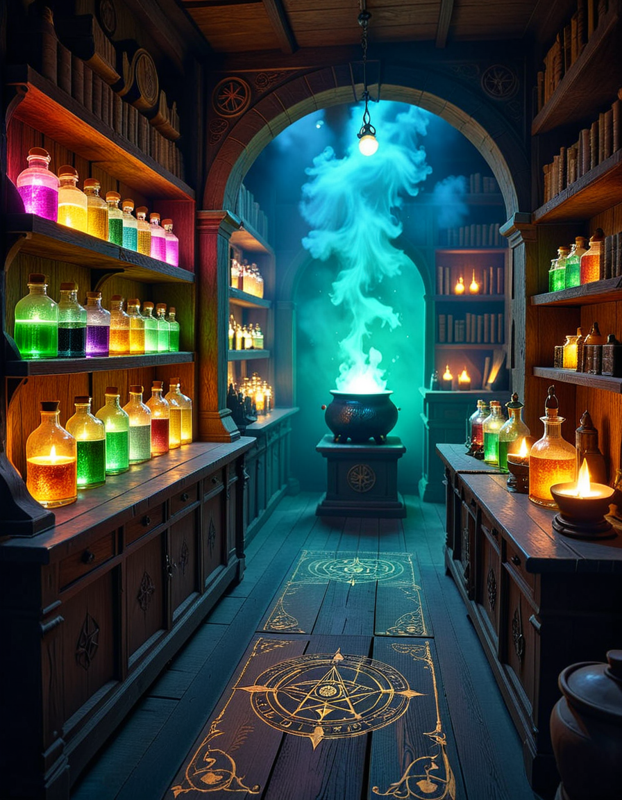 A dimly lit, mysterious alchemy shop filled with ancient books, glowing potions, and strange magical artifacts. Wooden shelves, covered in dust and cobwebs, are packed with glass bottles containing bubbling liquids in deep purples, shimmering golds, and eerie greens. The air is thick with swirling mist, and candlelight flickers, casting long shadows across the stone walls. In the foreground, an old wooden counter holds an open grimoire, alongside mortar and pestles, dried herbs, and mysterious symbols carved into the surface. Strange objects like a levitating crystal orb, a preserved dragonâs eye in a jar, and an enchanted dagger with glowing runes are displayed throughout the space. A bubbling cauldron in the corner emits a soft, eerie glow, illuminating the intricate arcane symbols on the floor. The atmosphere is dark, mystical, and full of ancient secrets, evoking a sense of forgotten magic and hidden knowledge.
<lora:SDXLFaeTastic2400:0.4> <lora:extremely_detailed:0.4> extremely detailed,<lora:mysterious_4lch3my_sh0p:1>,mysterious 4lch3my sh0p, Masterpiece,best quality,hi res,8k,hi res,8k,award winning,(sharp focus, intricate, highly detailed),