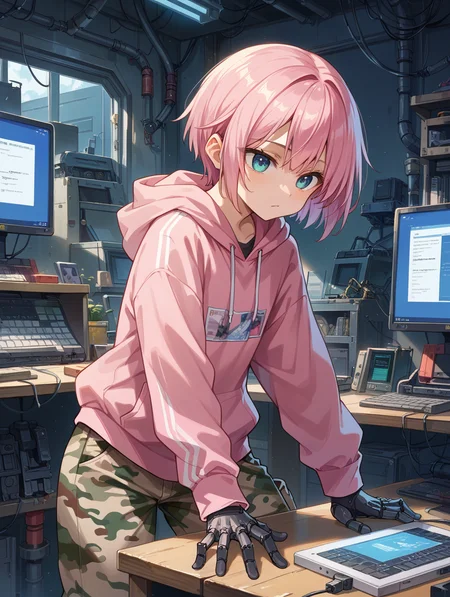 score_9, score_8_up, score_7_up,source_anime,BREAK,
android, mechanical arms, short hair, pink hoodie, hood down, camouflage, drawstring, long sleeves, gloves, no pants, mechanical legs, indoors, computer,,