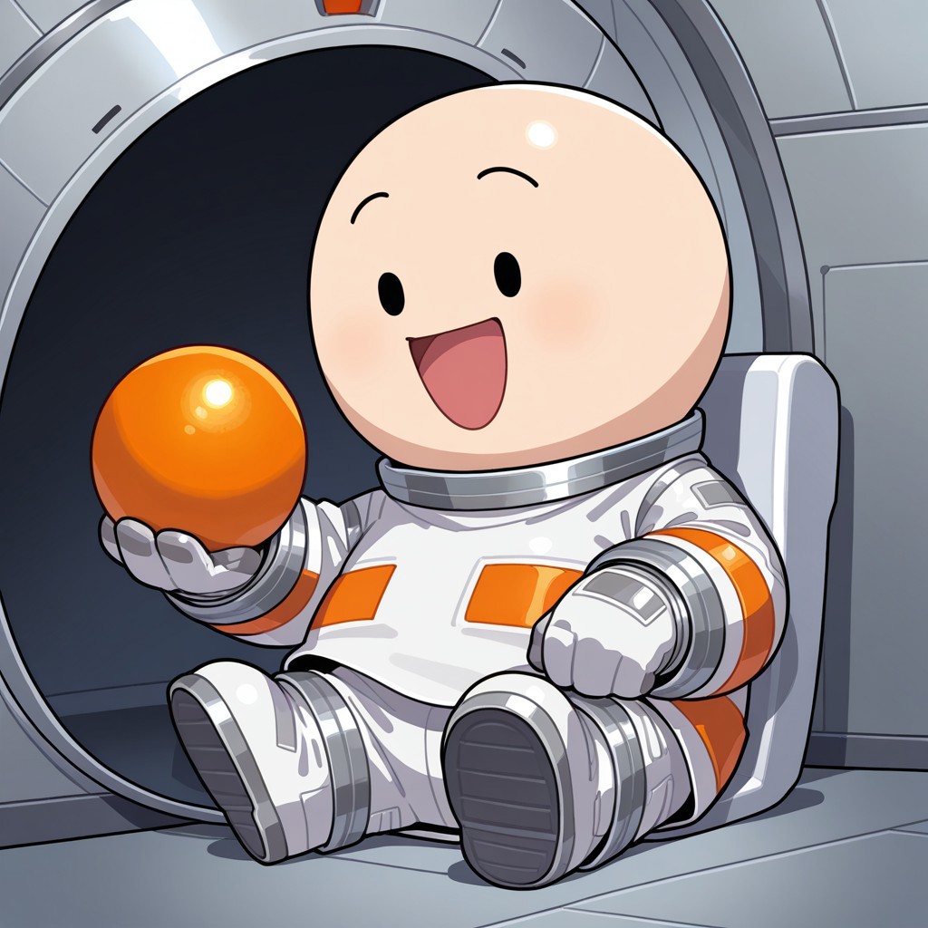 masterpiece, best quality, perfect quality, very awa, absurd res, newest, absolutely eye-catching, solo, 1boy, Opoona, Spacesuit, black eyes, dot eyes, chibi, holding orange ball, bald, smiling, open mouth, sitting down, futuristic bedroom