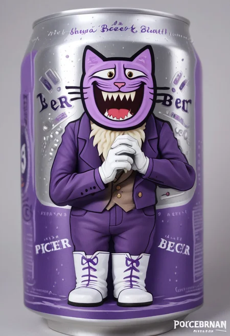 beerlabel, purple beer can, PocketCat, smile, sharp teeth, purple blazer, trousers, white boots, white gloves, solo