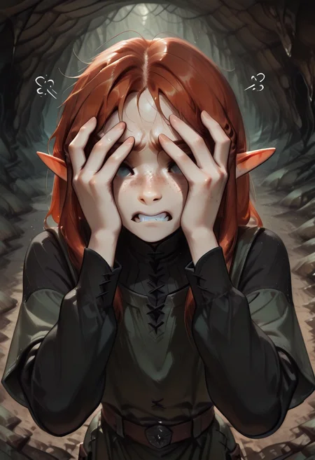 1person, solo, Lapanya, Malgha, freckles, pointy ears, Long-sleeve black shirt, green tunic,
Close up, head bowed, hands over eyes, gritted teeth, frustrated,
Underground, organic cavern,
Masterpiece, high quality, highly detailed, perfect eyes,