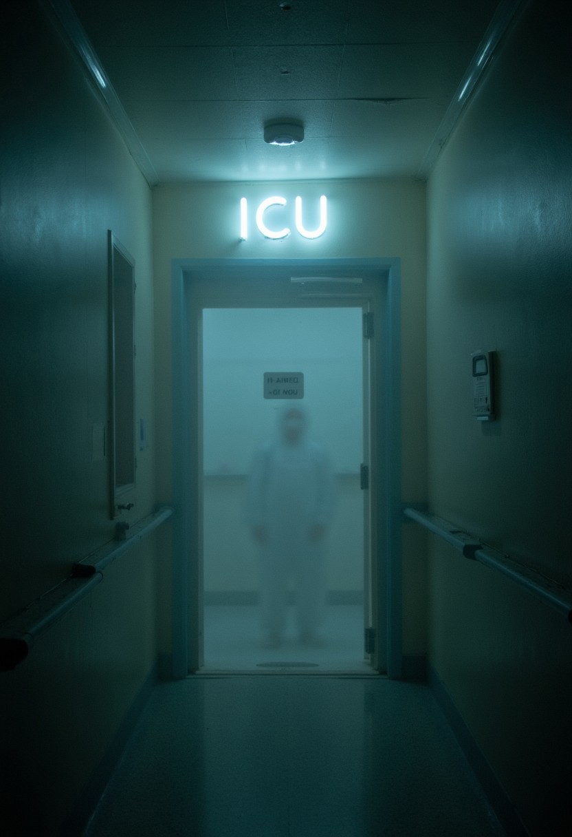Fogged ICU door , Hospital hallway, "ICU "in neon sign, A faint ghost behind the fogged door