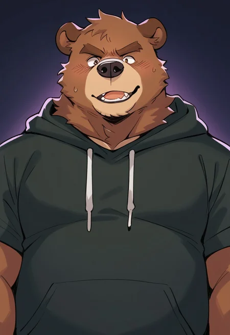 hoggan,furry,anthro,male,bear,brown fur, hooded garment,dark background BREAK score_9_up,score_8_up,score_7_up,score_6_up,score_5_up,score_4_up,normal quality,