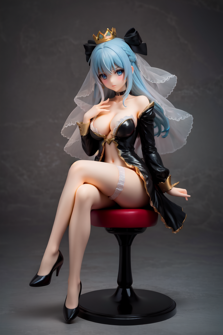 masterpiece,best quality,1girl,medium breasts, morgan le fay, black bow, bow, light blue hair, blue eyes, choker, hair bow, hair ornament, long hair, ribbon, black dress, blue ribbon, collarbone, dress, long sleeves, open clothes, open dress, thighhighs, black veil, braid, cleavage, clothing cutout, collarbone, crown, navel, stomach cutout, veil,  figure, miniature on shelf, full body, sitting, stool, crossed legs, arrogant expression,  shelf background