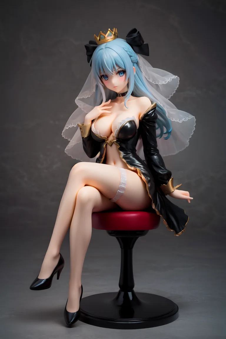 masterpiece,best quality,1girl,medium breasts, morgan le fay, black bow, bow, light blue hair, blue eyes, choker, hair bow, hair ornament, long hair, ribbon, black dress, blue ribbon, collarbone, dress, long sleeves, open clothes, open dress, thighhighs, black veil, braid, cleavage, clothing cutout, collarbone, crown, navel, stomach cutout, veil, figure, miniature on shelf, full body, sitting, stool, crossed legs, arrogant expression, shelf background
