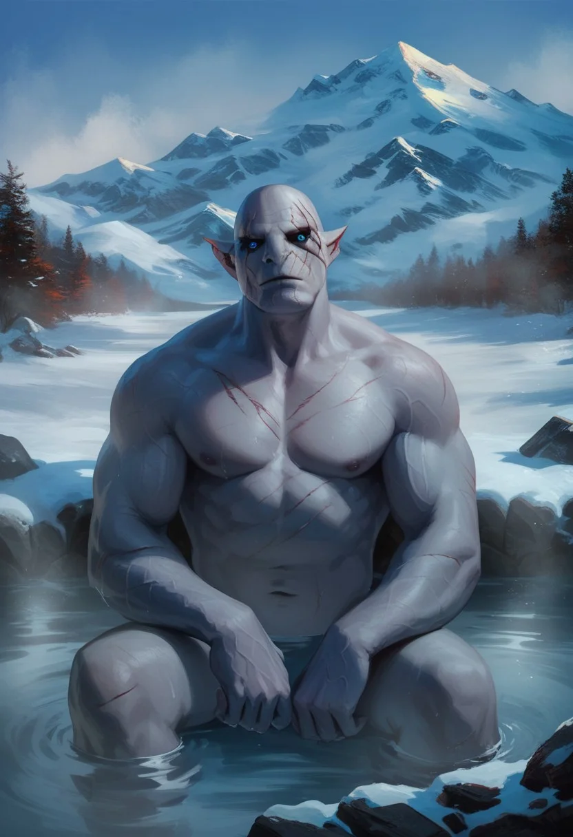 score_9, score_8_up, score_7_up, depth of field, volumetric, charming, bleak, solo, Azog, barbarian, muscle, dad gut, handsome, old, nipples, pale skin, blue eyes, black sclera, pointed ears, flat nose, veiny, bald, naked, scars, manly, sitting in hot spring, low body submerged in water, knee bending, concept art, realistic, winter, snow, mountain at background, fumes, steam, wet