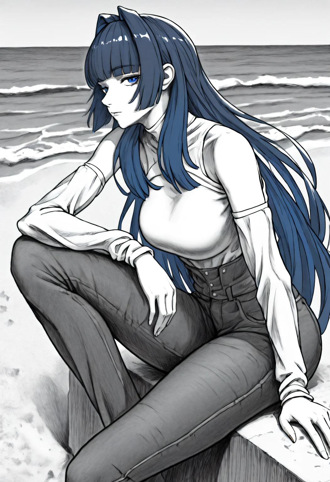 <lora:SketchArtV2:1.0>, greyscale, monochrome, sk3tch, hatching/(texture/),
Kr0niiCas, blue eyes, blue hair, long hair, hime cut, hair intakes, white turtleneck, detached sleeves, long sleeves, bare shoulders, high-waist jeans,
beach, sitting, elbow on knee, looking at viewer, stair, very awa, masterpiece, best quality, highres, absurdres, <lora:ChamOuroKroniiNoob:1.0>, Kr0nii, blue eyes, blue hair, hair intakes