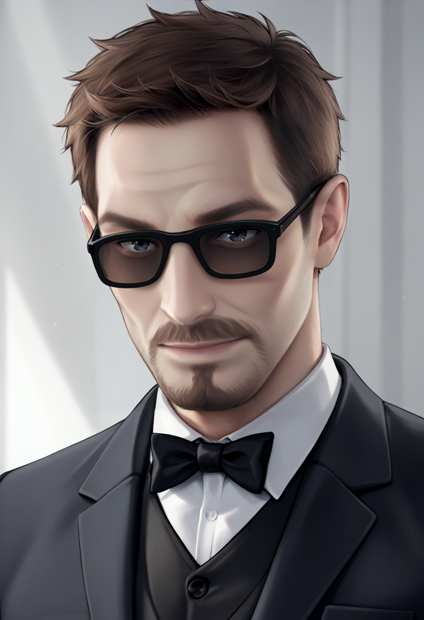 score_9, score_8_up, score_7_up, source_anime, realistic BREAK 1boy, solo, male focus, <lora:gordonfreeman-hl-richy-v1_pdxl:0.9> gordonfreeman, brown hair, short hair, facial hair, suit, tuxedo, sunglasses, upper body, black pants