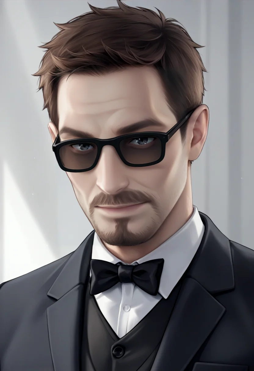 score_9, score_8_up, score_7_up, source_anime, realistic BREAK 1boy, solo, male focus, <lora:gordonfreeman-hl-richy-v1_pdxl:0.9> gordonfreeman, brown hair, short hair, facial hair, suit, tuxedo, sunglasses, upper body, black pants