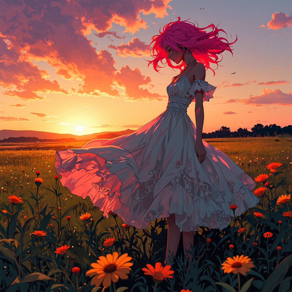animeniji, anime, niji, (off-center composition, dynamic left aligned composition), A woman with bright pink hair stands amidst a field of wildflowers, the sun setting behind her. She wears a flowing dress that billows in the gentle breeze, with intricate lace details. The sky is a gradient of orange and purple, casting a warm glow on the scene.