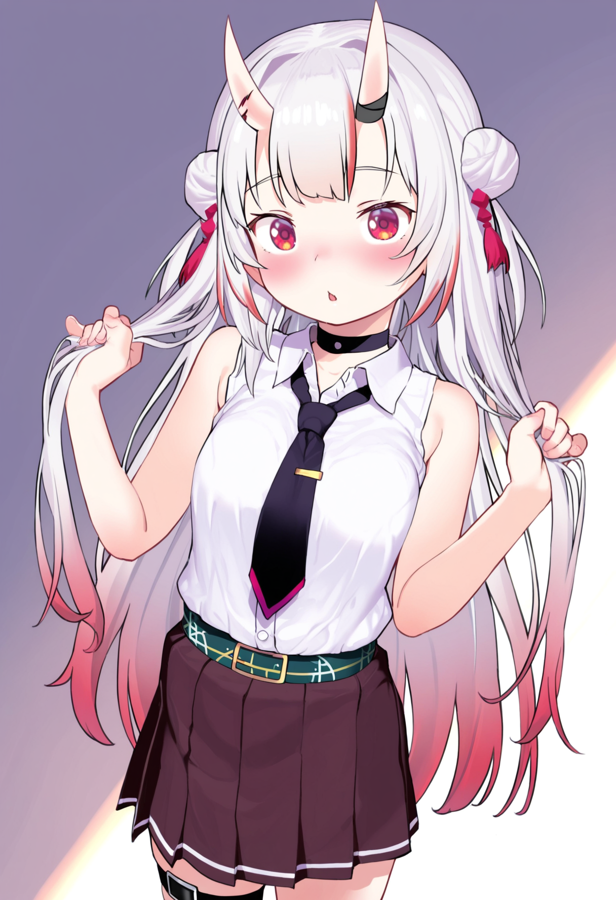 masterpiece,best quality,amazing quality,
solo, multicolored hair, nakiri ayame, 1girl, oni horns, virtual youtuber, horns, skirt, red eyes, long hair, shirt, necktie, thigh strap, blush, gradient hair, white shirt, red hair, looking at viewer, sleeveless, black necktie, oni, pleated skirt, streaked hair, cowboy shot, sleeveless shirt, bangs, belt, holding hair, black choker, collared shirt, choker, black skirt, parted lips, brown skirt, breasts, hair ornament,
<lora:Nukaji:1>