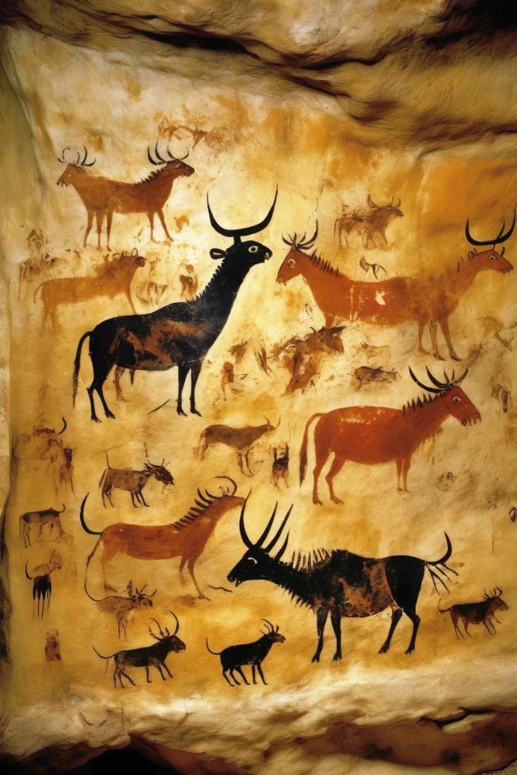 <lora:Lascaux:1>Lascaux - style of lascaux cave paintings enormous terrifying monster growing out of ground with gnarly teeth seven eyes and whiskers and throats and claws and ribs