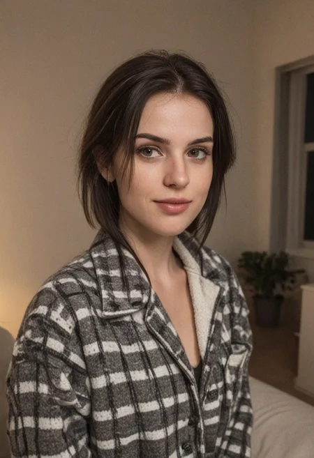 30yo woman wearing Plaid Polar Fleece Shacket with white textures
long black dark hair slick back and smooth. Kissface.
smile. Looking at camera. POV.
happy.
Living room. Fully furnished.
Night time.
Portrait.