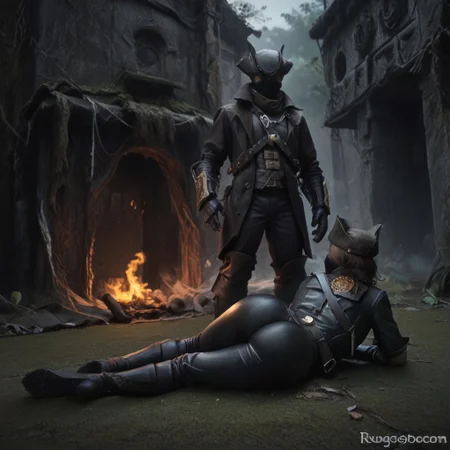 female focus, score_9, score_8_up, score_7_up, 1boy, werewolf, black fur, anthro wolf, furry boy, monsterboy,
BREAK 1girl, human girl, RogueAssPose, on side, lying, ass, from behind, leather coat, long coat, leather pants, hunter hat, hunter garb, hunter gloves, hunter trousers, facemask, RogueAssFullSceneV1,