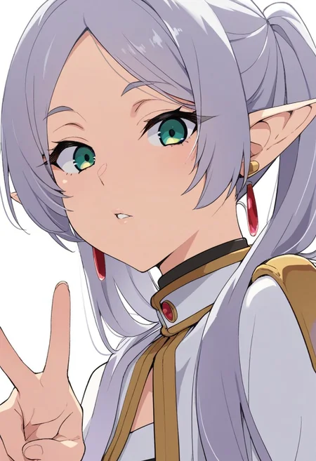 masterpiece, best quality, masterpiece, best quality,
(frieren:0.5), 1girl, solo, long hair, looking at viewer, simple background, white background, jewelry, twintails, green eyes, white hair, grey hair, earrings, parted lips, pointy ears, parted bangs, v, capelet, portrait, elf, white capelet