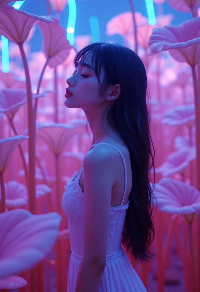 This is a digital artwork rendered in a hyper-realistic, photorealistic style. The image features a young Asian woman standing in a fantastical, neon-lit environment filled with large, ethereal plants. The woman, likely in her early twenties, has long, dark hair cascading down her back and bangs framing her face. She has a slender physique and fair skin. Her eyes are closed, and her expression is contemplative, with a serene, almost ethereal quality.