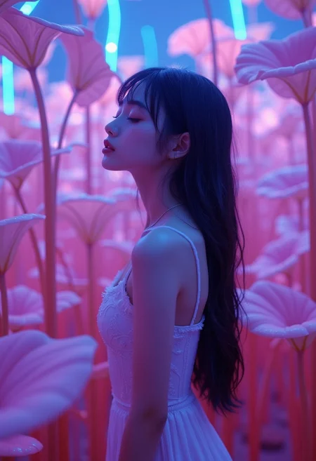 This is a digital artwork rendered in a hyper-realistic, photorealistic style. The image features a young Asian woman standing in a fantastical, neon-lit environment filled with large, ethereal plants. The woman, likely in her early twenties, has long, dark hair cascading down her back and bangs framing her face. She has a slender physique and fair skin. Her eyes are closed, and her expression is contemplative, with a serene, almost ethereal quality.