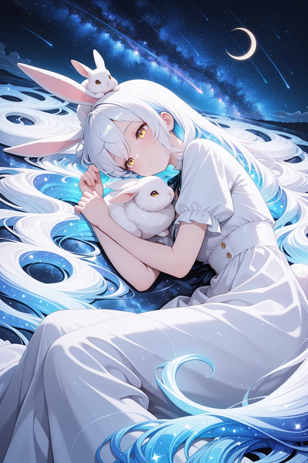 lazympos, 1girl, masterpiece, on side, night sky, crescent moon, rabbit ears, fluffy, dress, absurdly long hair, white hair, milky way, multicolored hair, blue hair, glowing hair, shooting star, yellow eyes, upper body, rabbit on head