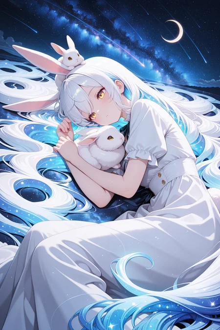 lazympos, 1girl, masterpiece, on side, night sky, crescent moon, rabbit ears, fluffy, dress, absurdly long hair, white hair, milky way, multicolored hair, blue hair, glowing hair, shooting star, yellow eyes, upper body, rabbit on head