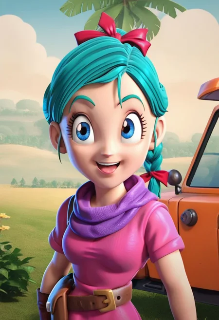 score_9, score_8_up, score_7_up, anime screencap,
bulma \(dragonball\) 3d render, in clsh artstyle, 1girl, solo, smile, open mouth, blue eyes, gloves, ribbon, aqua hair, braided ponytail, hair ribbon, braid, :d, outdoors, sky, day, belt, character name, tree, single braid, bird, clothes writing, brown gloves, pouch, mountain, purple scarf, fanny pack, 1990s \(style\), arm at side, dragon radar, pink dress, forest, holding, looking at another, looking to the side, motor vehicle, pink dress, short sleeves, single glove, standing, upper body, tongue, raised eyebrows, eyebrows, eyelashes, OverallDetail